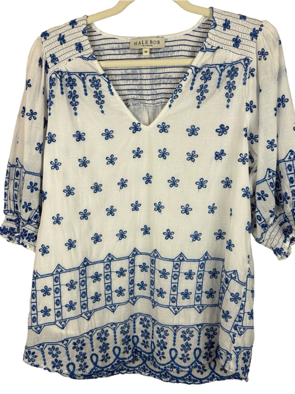 Hale Bob Cotton White Blue Embroidered Eyelet Boho Peasant Blouse Top Medium